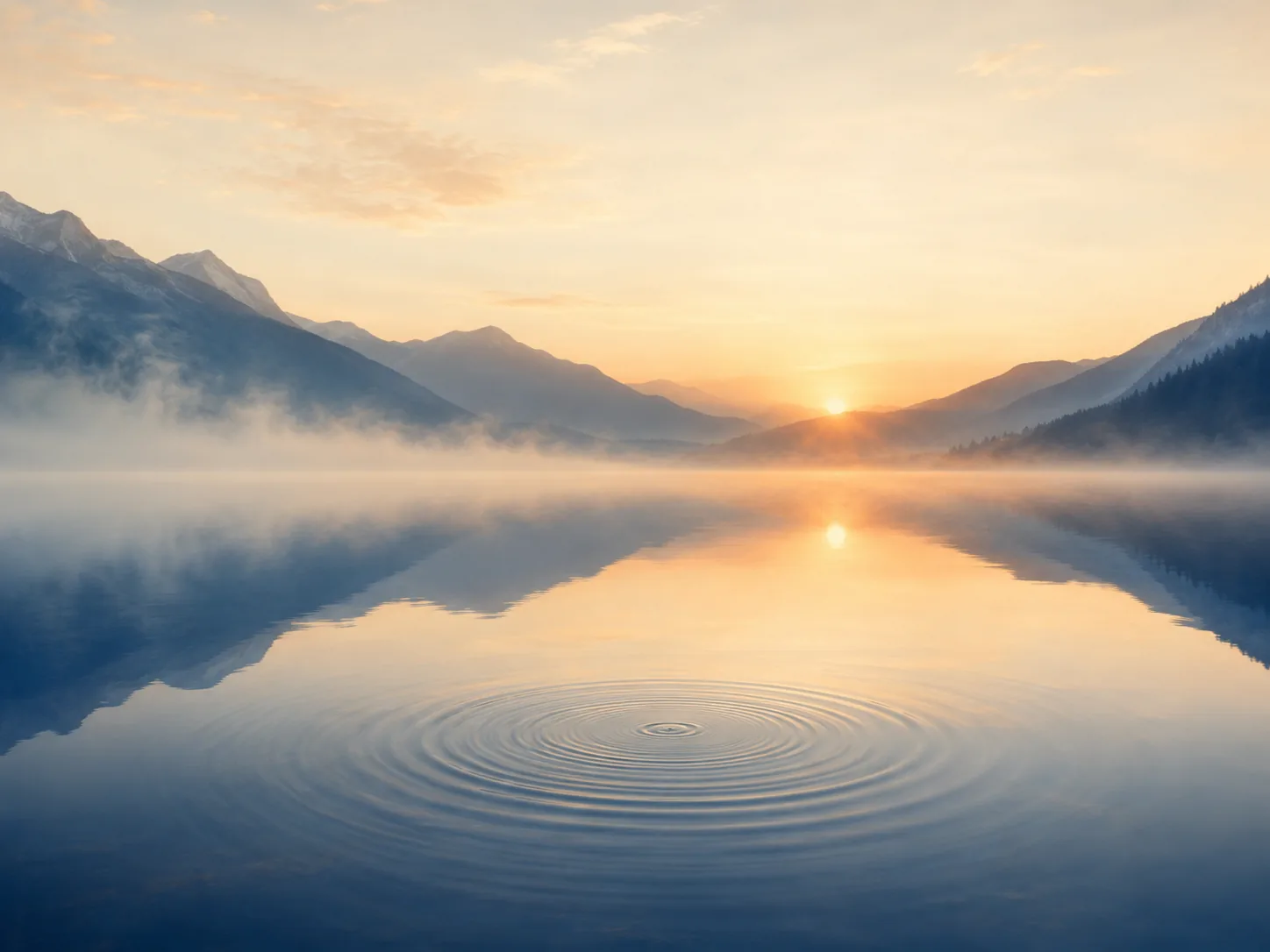 A still mountain lake at dawn, a single ripple spreading across the water