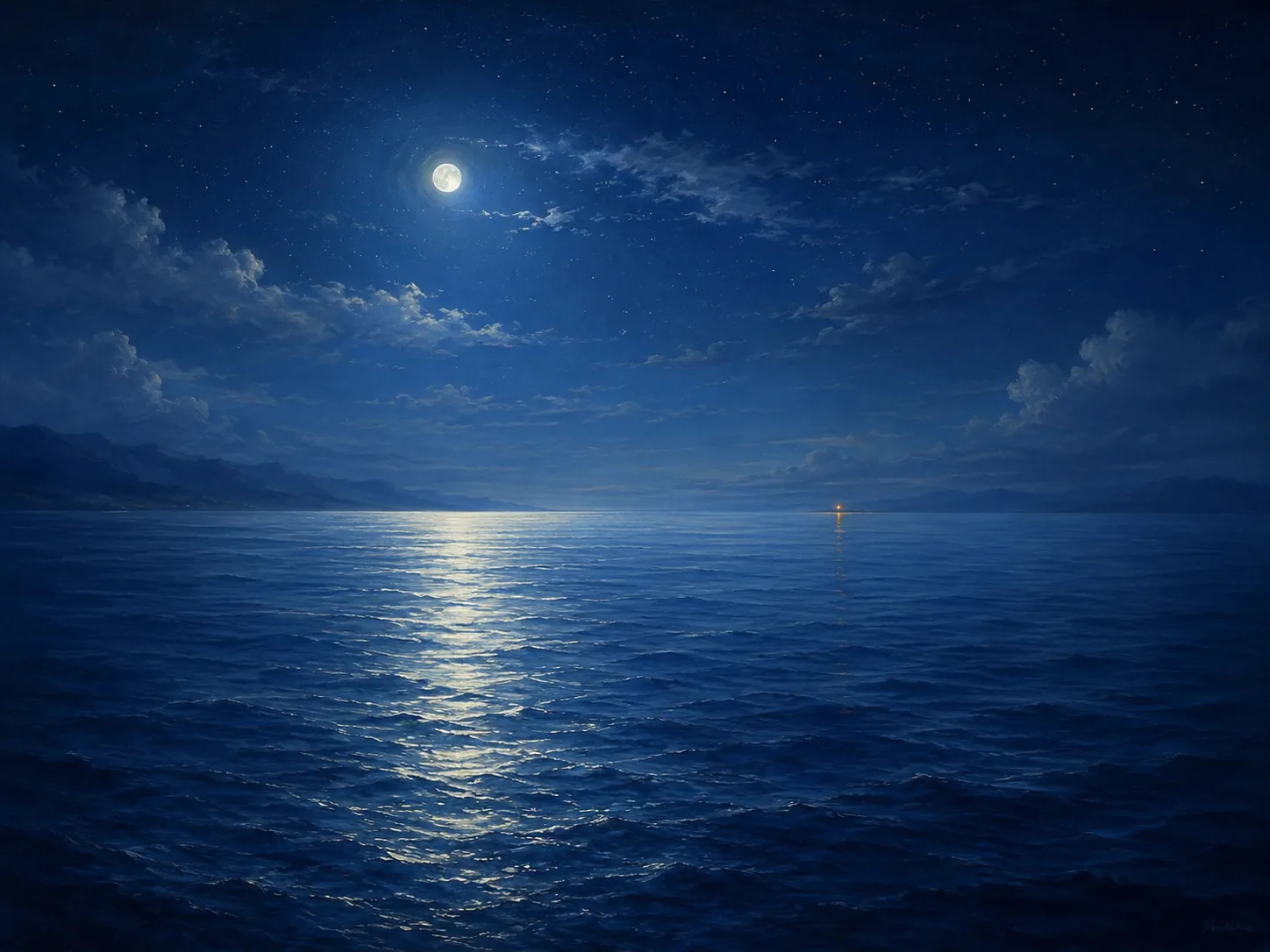 A calm sea under a full moon, a path of light reaching toward the horizon