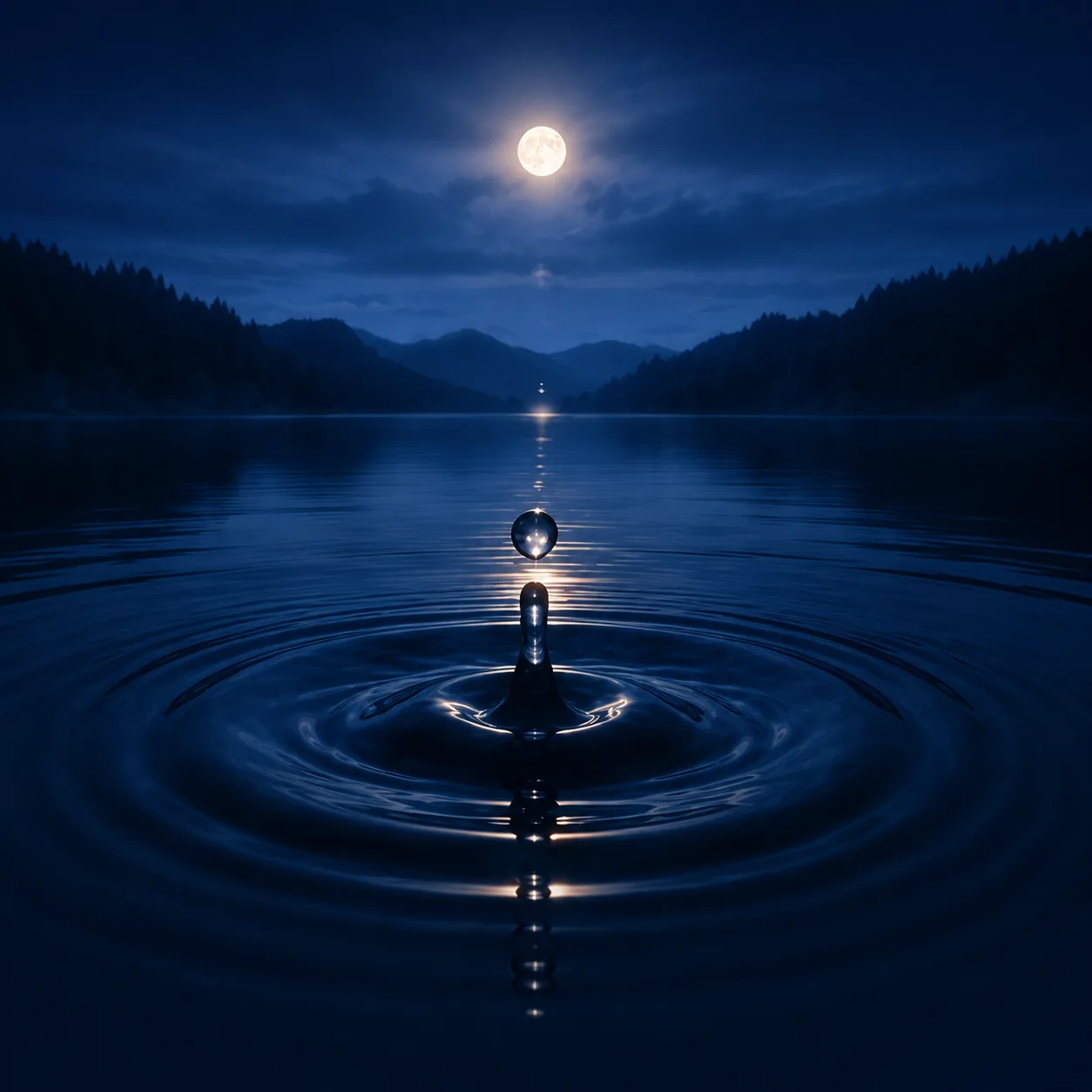 A single water droplet rippling a moonlit lake at night