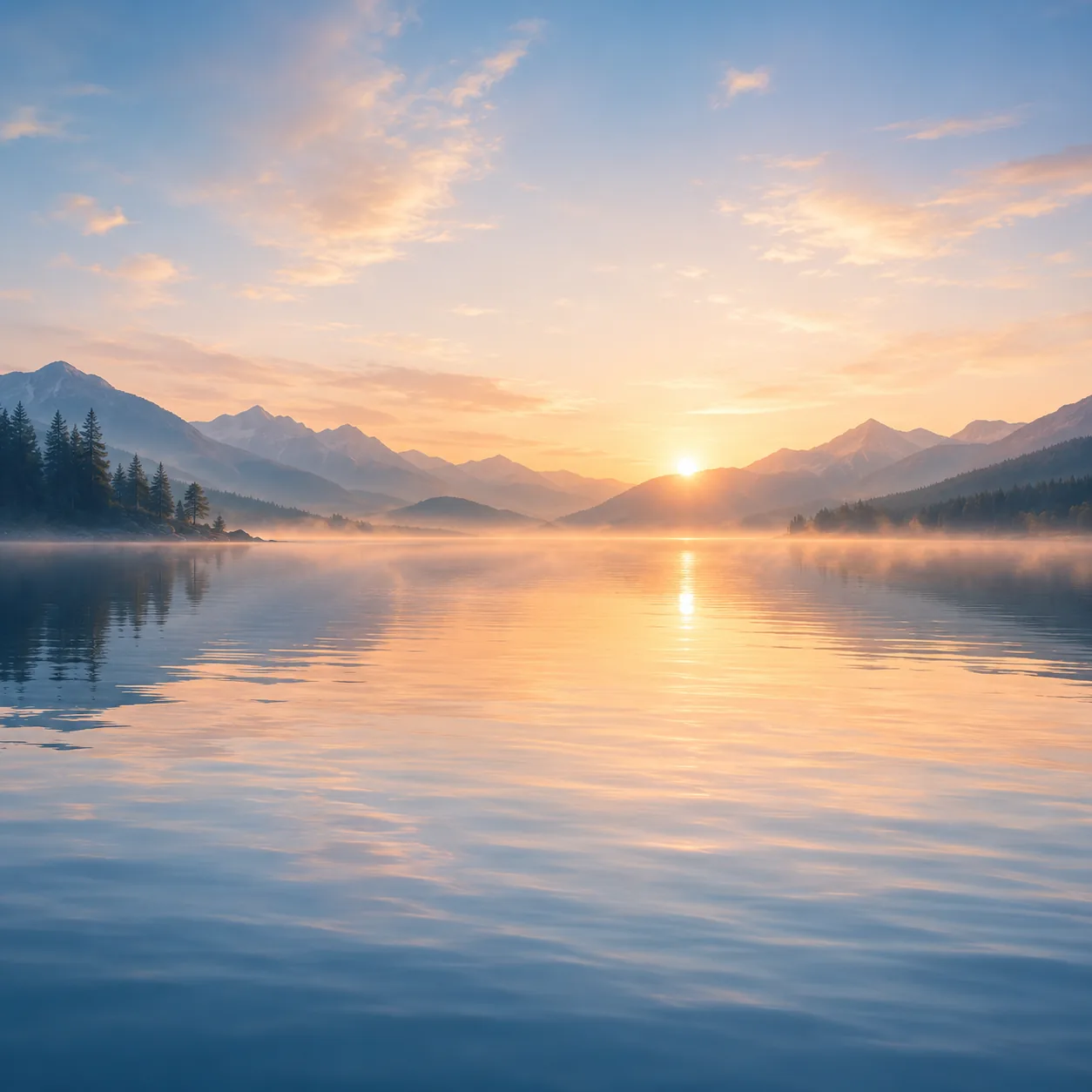A calm mountain lake glowing at sunrise